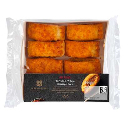 Co-op Irresistible 8 Pork & N'duja Sausage Rolls 144g Co-op Irresistible 8 Pork & N'duja Sausage Rolls 144g
