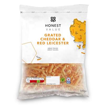 Co-op Honest Value Grated Cheddar & Red Leicester Cheese 500g Co-op Honest Value Grated Cheddar & Red Leicester Cheese 500g