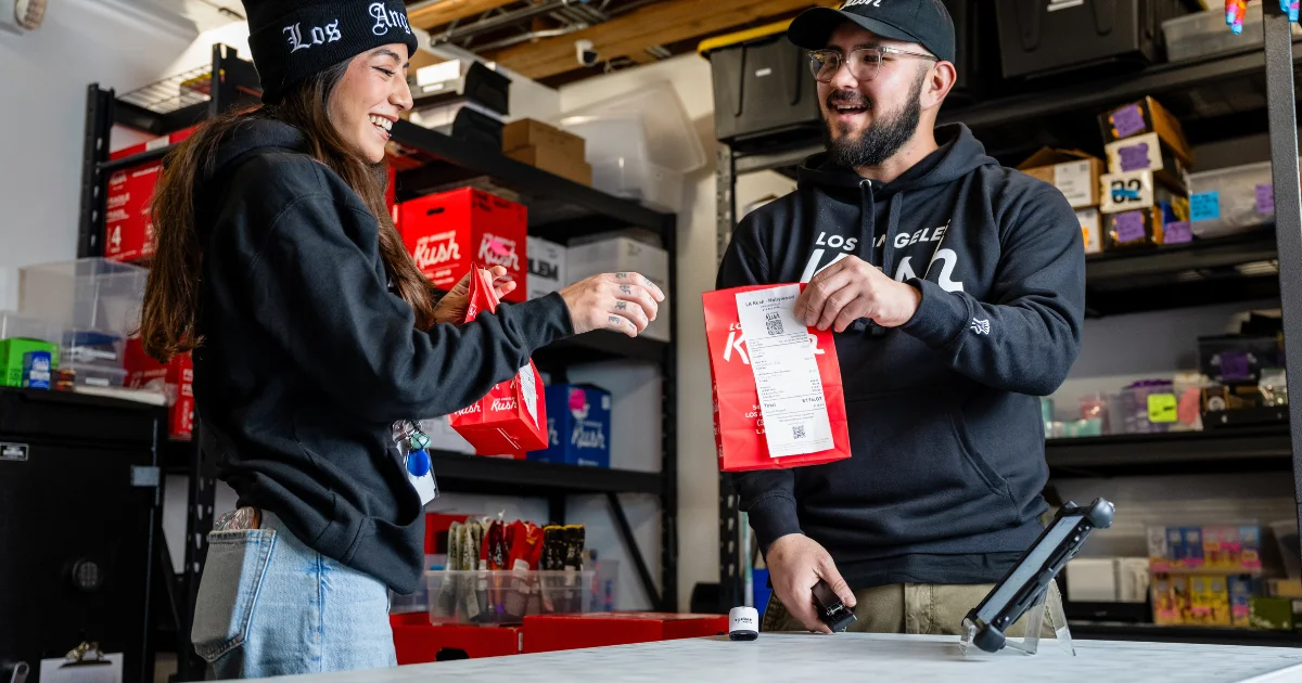 Dispensary Staff Preparing a Labeled Cannabis Delivery Order