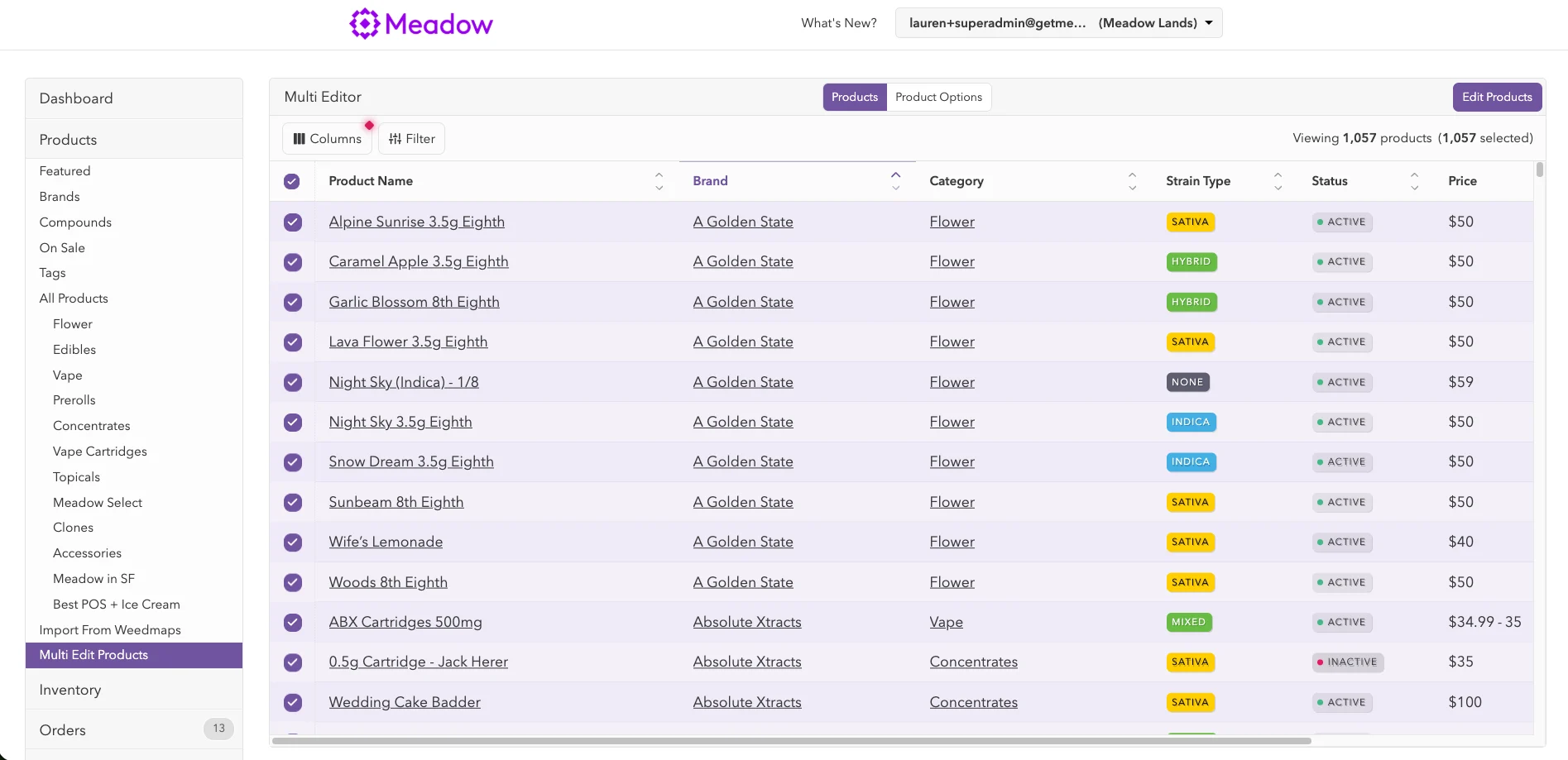 Meadow's Multi Editor showing over 1,000 products selected at once
