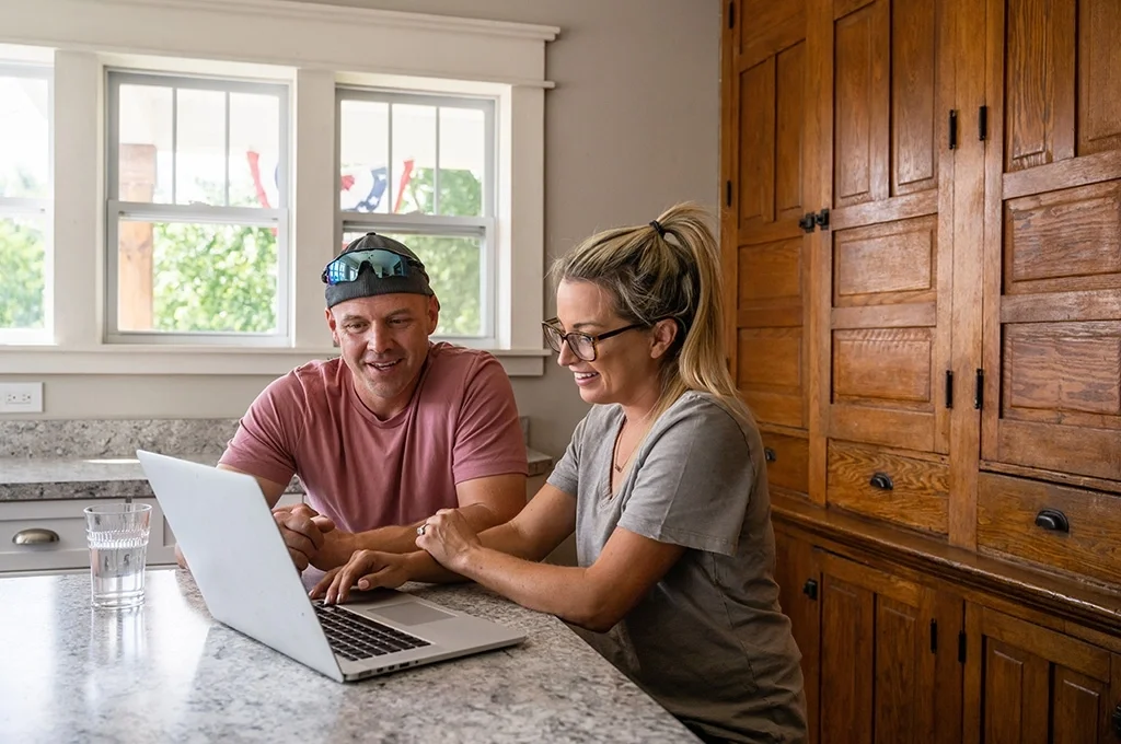 A veteran and her husband evaluate the best checking account for veterans in their kitchen using a laptop