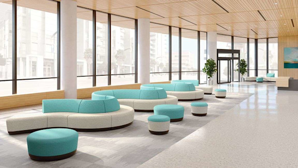 colorful custom modern office furniture layout with contemperary lounge seating and collaborative design