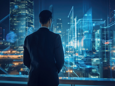 A man looking out at a technical and lighted backfground of emerging industries