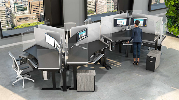 Sit-stand workstations get a boost of color and protective screens