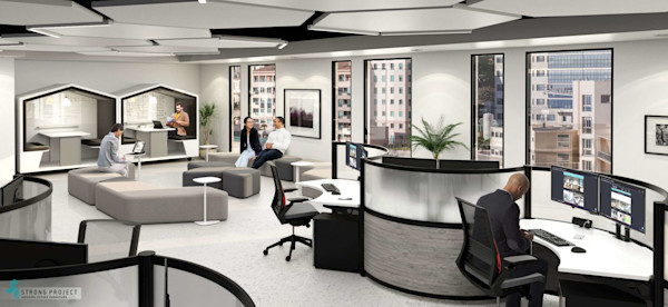 a hybrid office layout with acoustic furniture, modern cubicles, collaborative seating with ergonomic features in a modern office