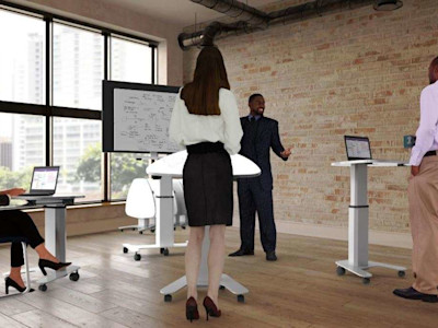 Company conference meeting with social distancing furniture