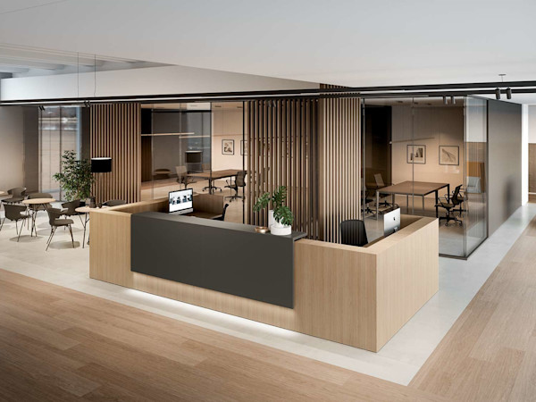 modern reception desk with a modern office design with other modern office furniture