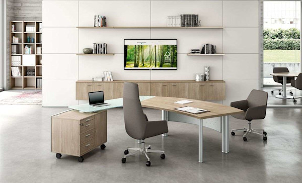 modern executive office desk with ergonomic chairs in a multifunctional space with smart office furniture