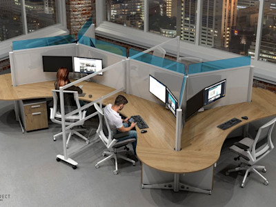 modern office cubicles and curved workstations