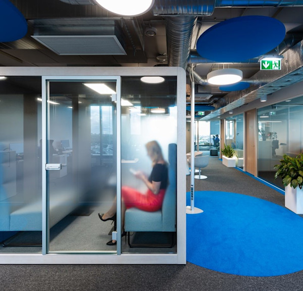 private focused work pod with tinted and frosted glass for added privacy