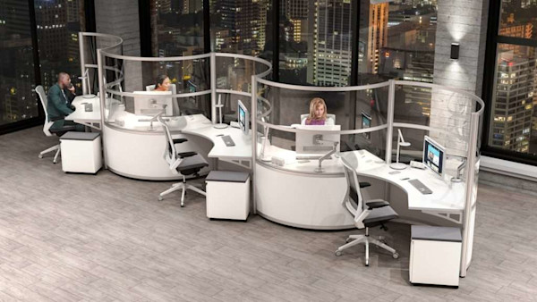 clear screen curved modern cubicle with ergonomic seating and mobile storage solutions