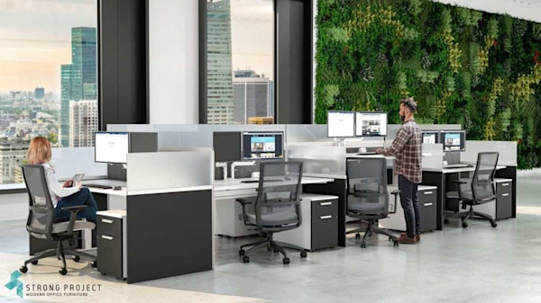 modern call center with modular workstations and adjustable height modern cubicles with a biophilc design