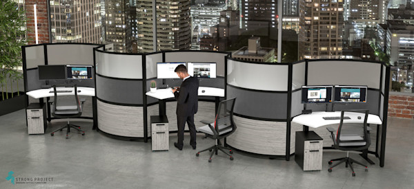 contemperary modular curved workstations with adjustable-heaight desks for ergonomics and activity based work