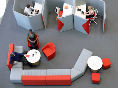 collaborative office furniture with soft seating for hybrid office