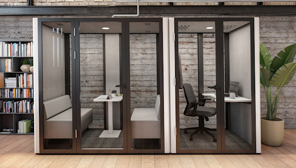 An acoustic collaborative office phone booth in a modern office design