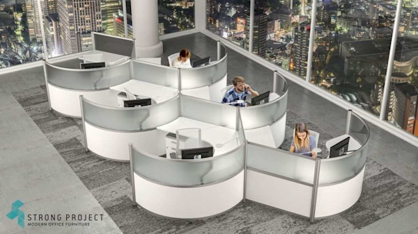 space saving curved modular work stations with clear partitions for modern call centers
