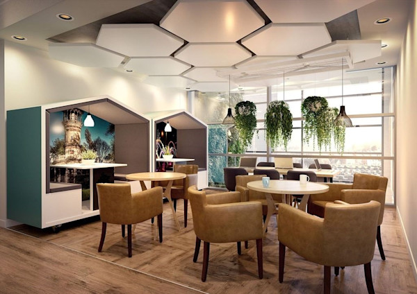 customizable office design with collaborative lounge seating and office phone booths for private work