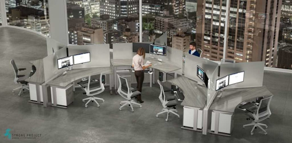 modern office curved cubicle layout with adjustable height desks and ergonomic task chairs