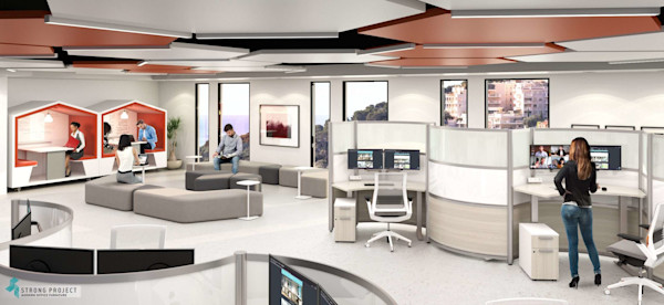 curved adjustable height desks for the modern cubicle and hot desking in the hybrid workplace with employee meeting areas