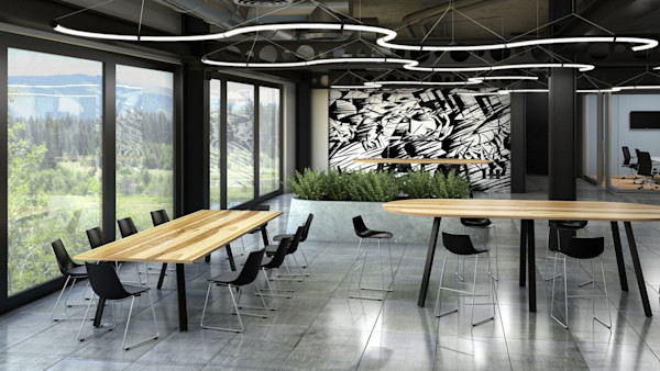 custom office breakroom with furniture and art that match the company's brand image