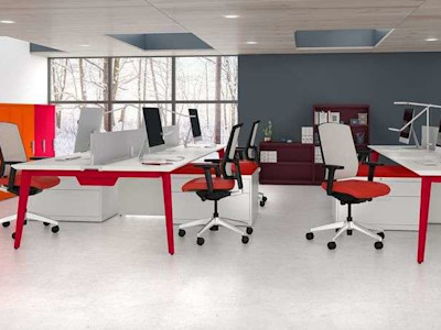 Colorful filing systems help brighten up a modern office space.