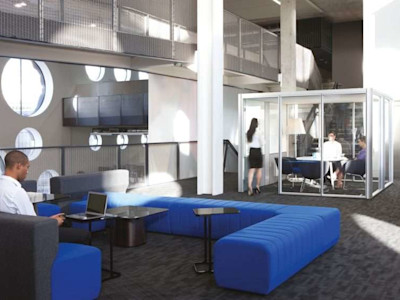 blue seating and phone booth