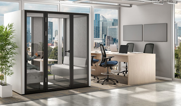 Technology integrated phone booth with smart lighting and built in charging ports