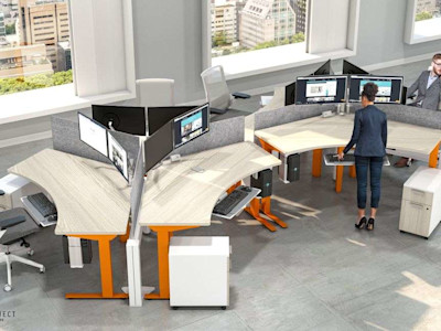 Workers at orange privacy cubicle