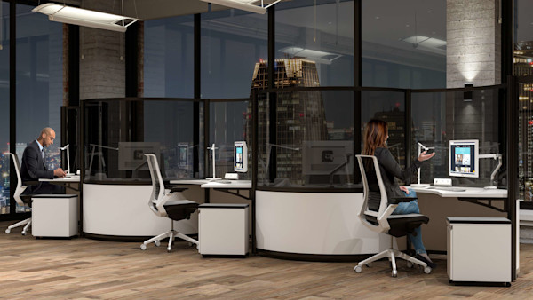post-COVID office furniture with dark acrylic screen