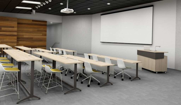 collaborative workspace furniture in a modern office training room with ergonomic seating