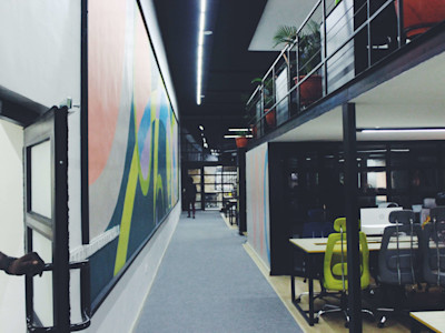 Trendy office with bright chairs and painted walls