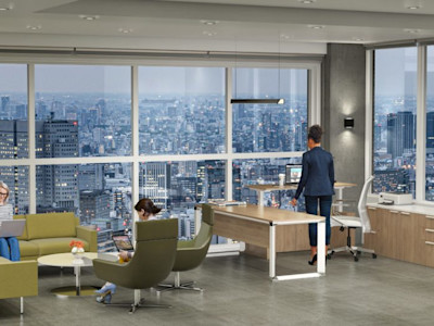 modern office with adjustable height desks