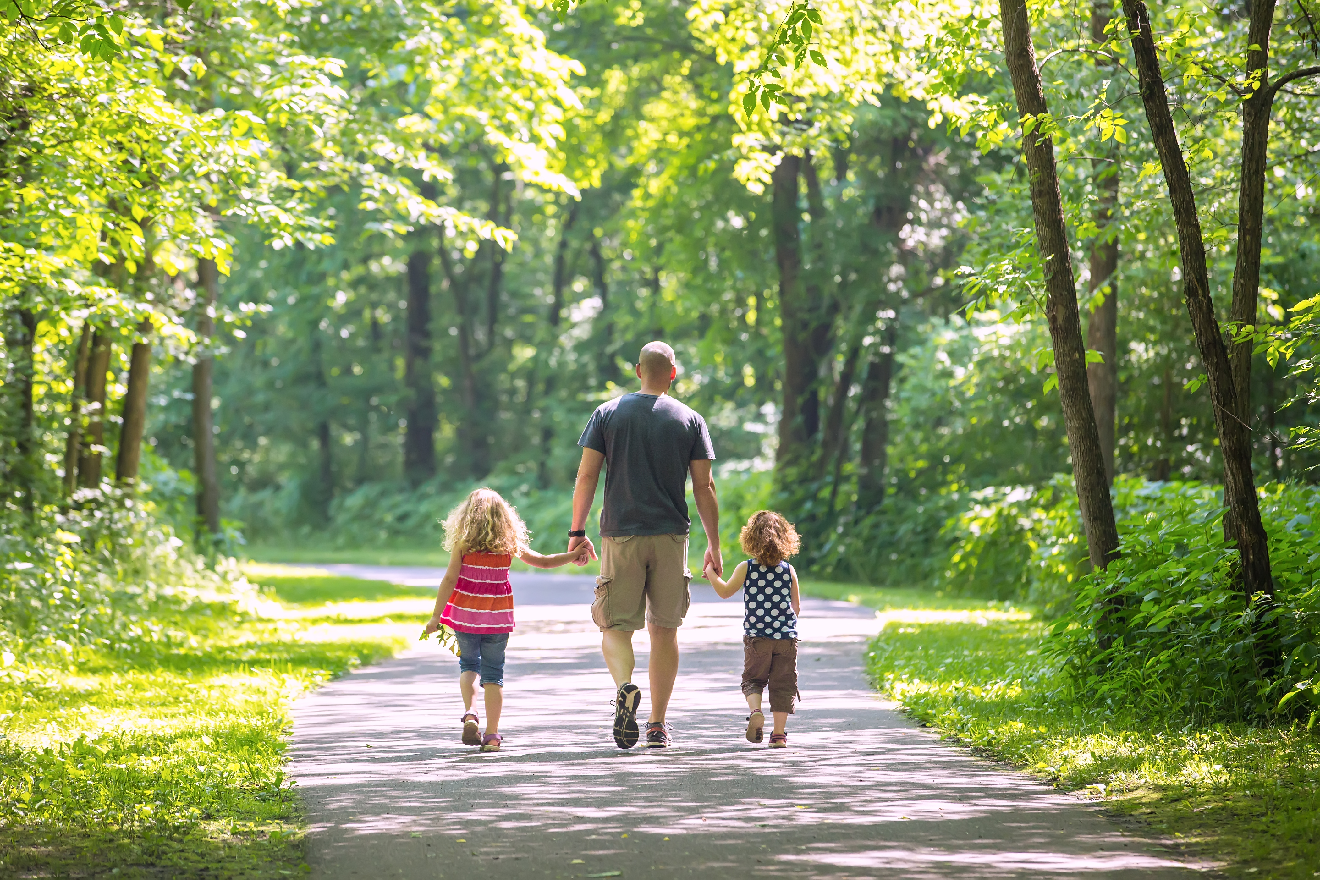 Family walking on paved path through the woods
