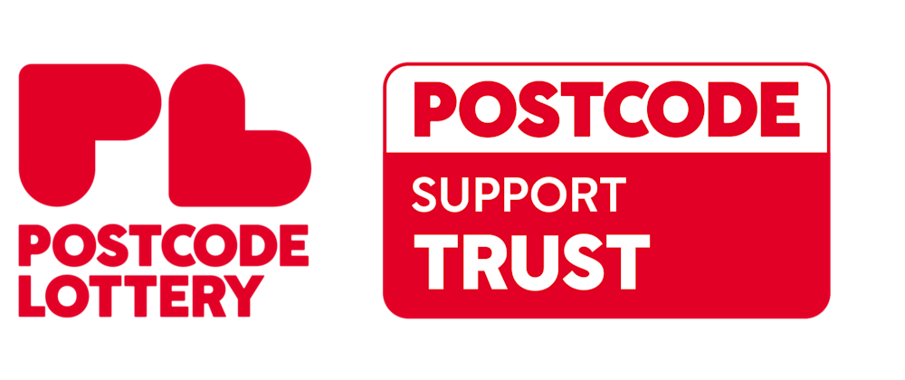Postcode Lottery new logo, showing also the Postcode Support Trust logo