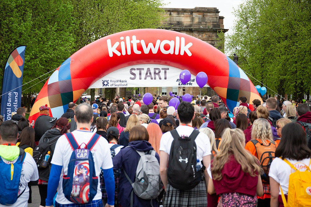 People approaching the start line of the Glasgow Kiltwalk.