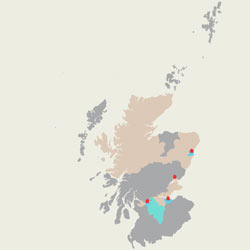 A map of Scotland with Edinburgh, Glasgow, Dundee and Aberdeen highlighted with a red dot.