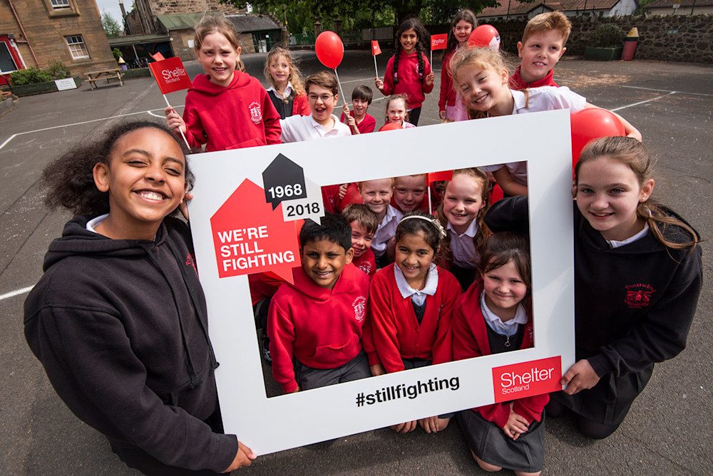 Primary school children campaigning for Shelter Scotland