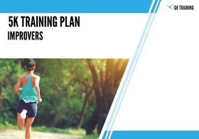 Front page of the 5k training plan for improvers, featuring a woman running along a tree-lined pathway.