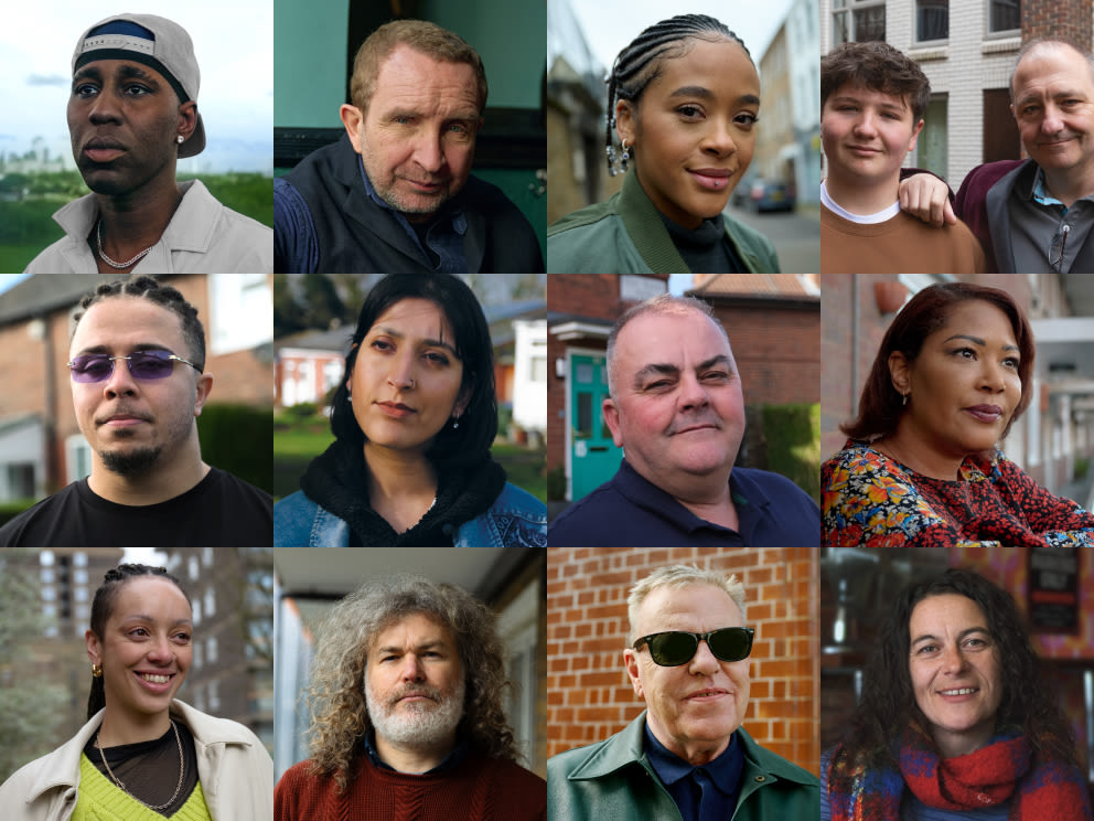 A series of twelve diverse portraits in a row, featuring men and women of varying ages and backgrounds, in daylight settings.
