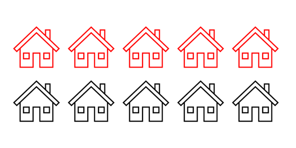 An illustration of 10 houses: five are coloured red, the other five are coloured black.