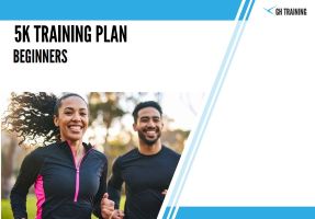 Front page of the 5k training plan for beginners, featuring two smiling people running in a park.