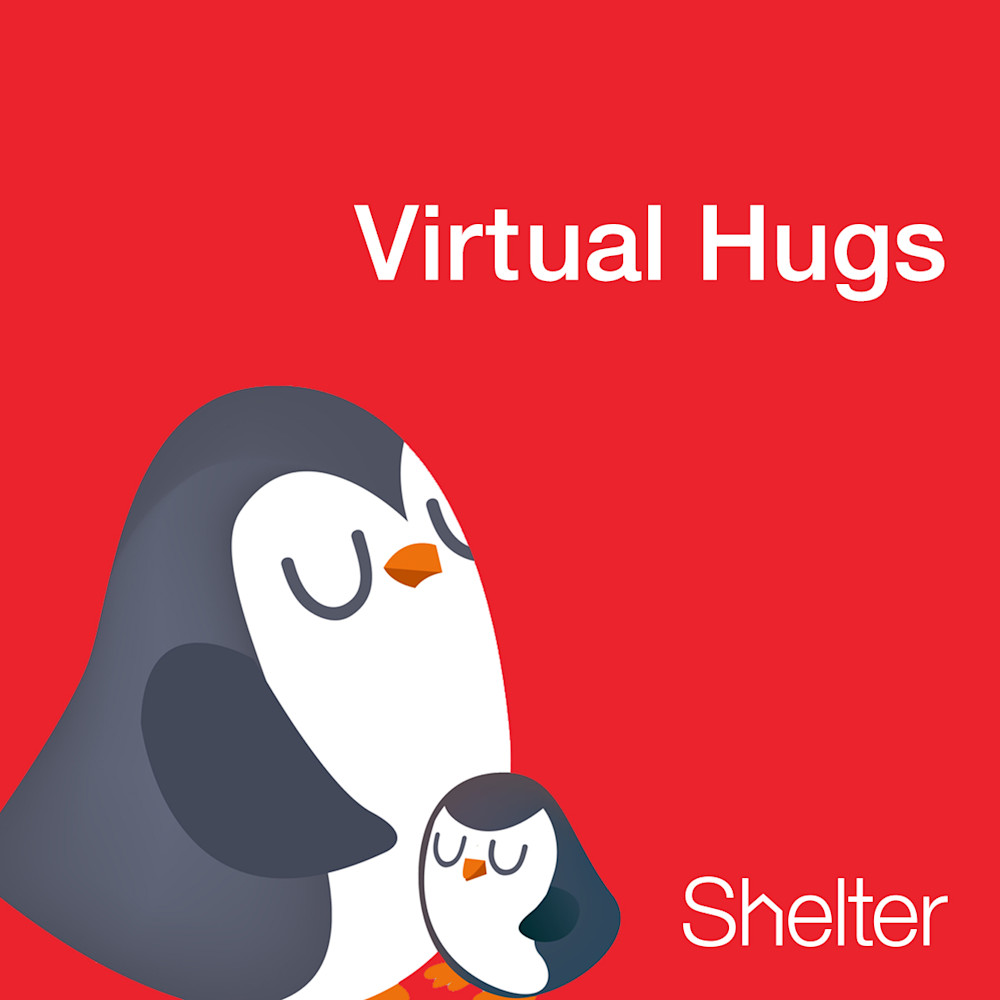 Big penguin and little penguin hugging with the words 'virtual hugs'