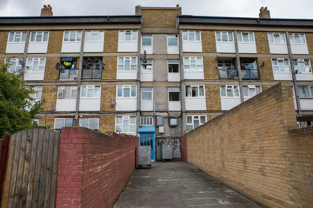 Walkway leading to a block of flats (social housing).
