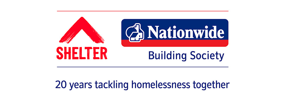 Shelter and Nationwide Building Society logos with '20 years tackling homelessness together' strapline