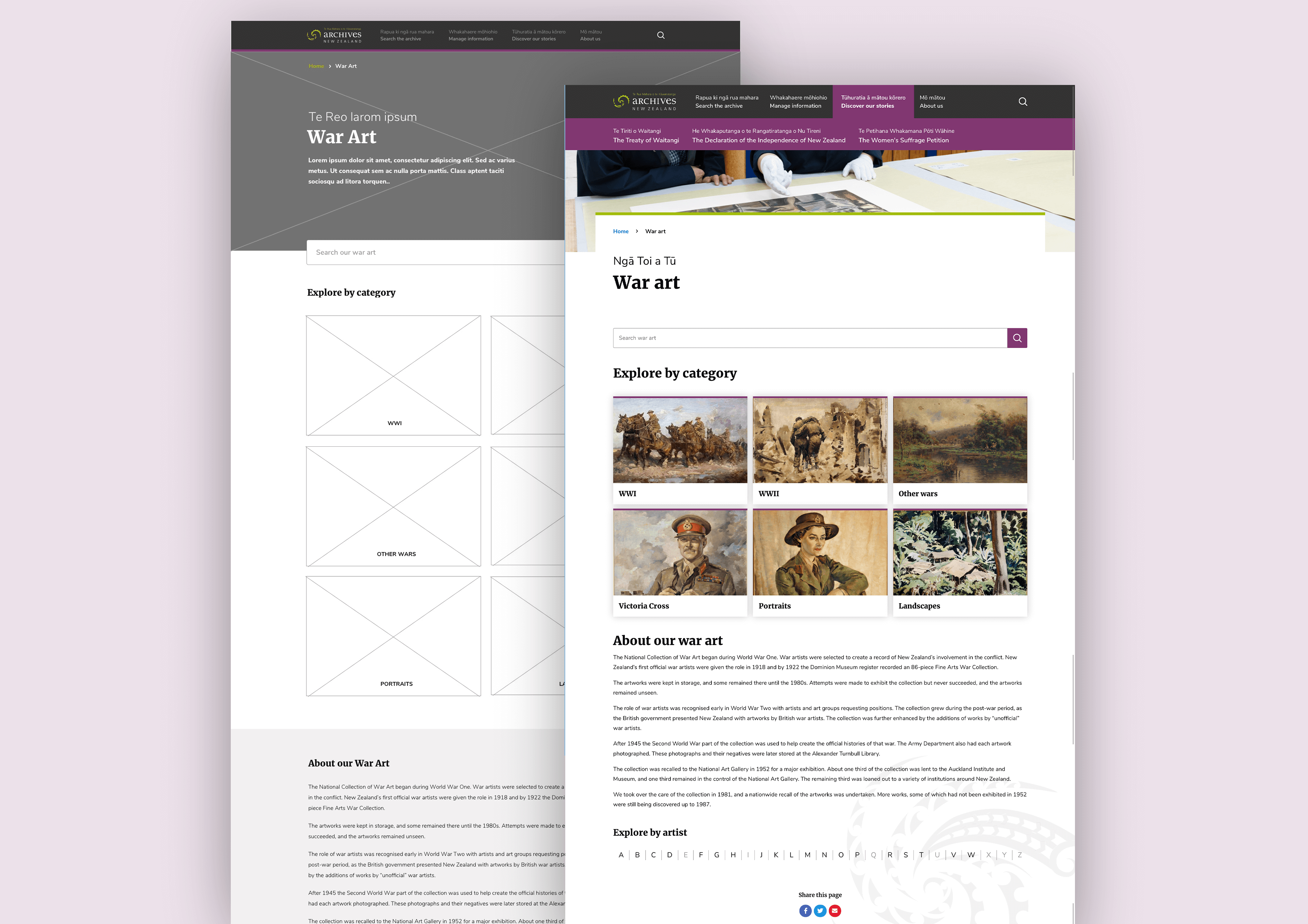 An early low-fidelity greyscale design for the War Art section of the new Archives website, overlaid by the high-fidelity full-colour design.