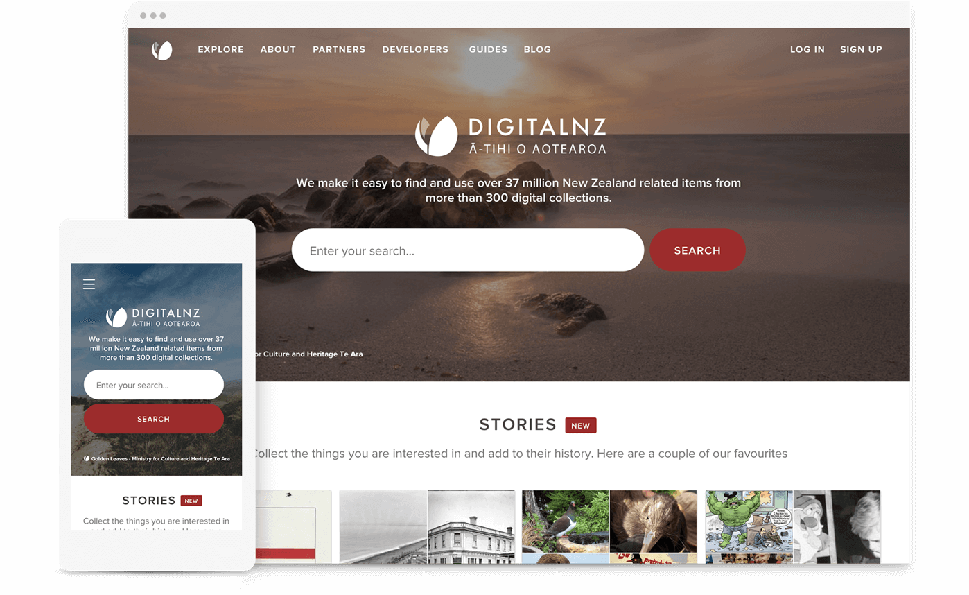 Mockup showing the DigitalNZ website on desktop and mobile.