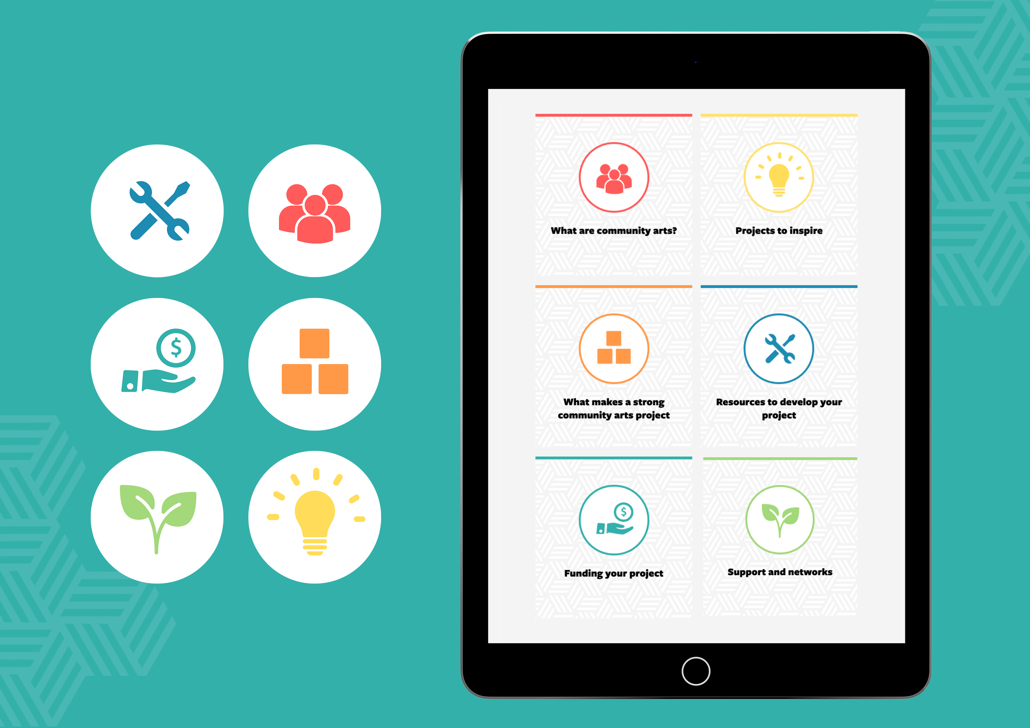 Icons designed for the Creative New Zealand Community Arts Toolkit and the menu that uses them viewed in a tablet.