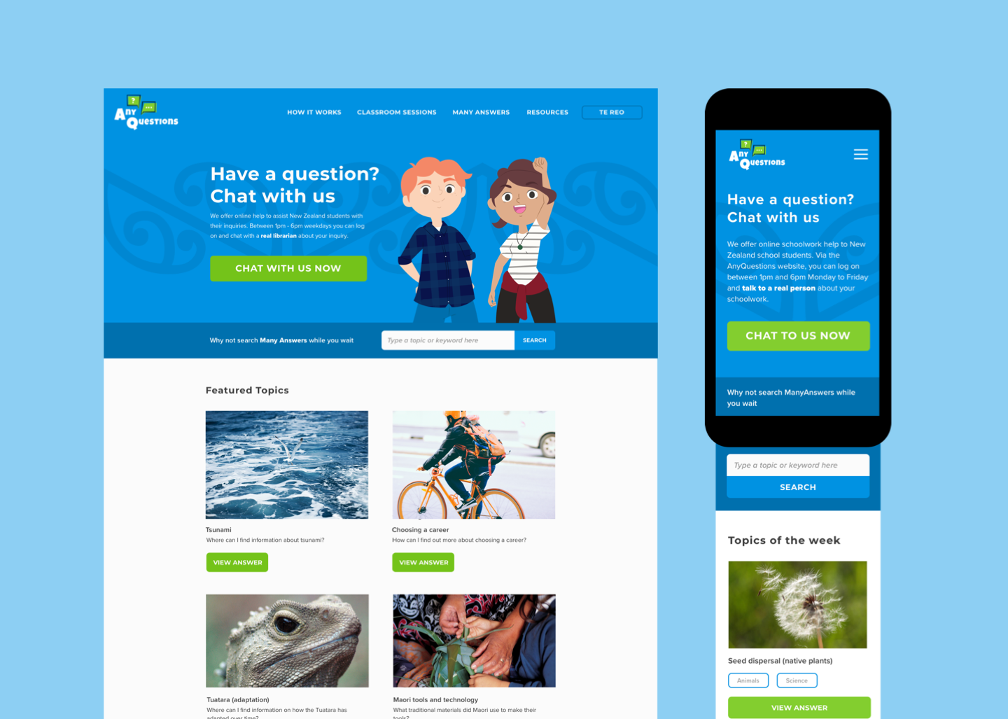 Mockup showing the results of our AnyQuestions website design and development work on desktop and mobile.