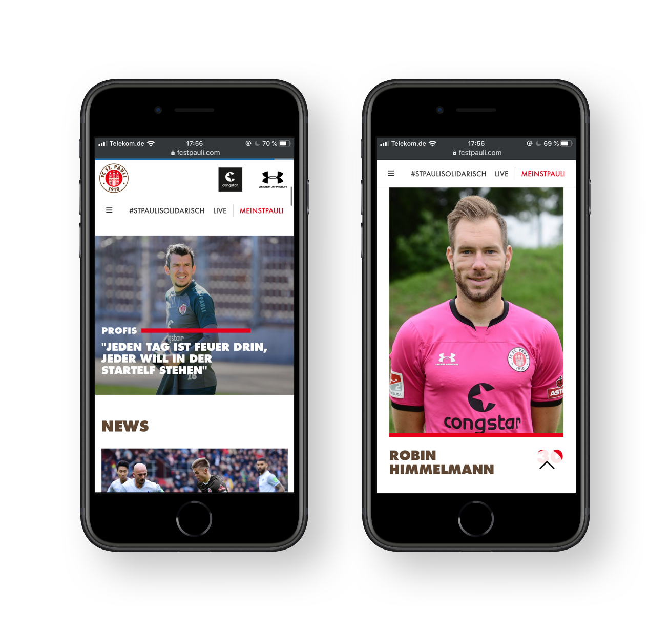 Protofy für den FC St. Pauli: Startseite und Spielerprofil auf Smartphones