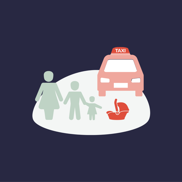 Mother and children next to a taxi